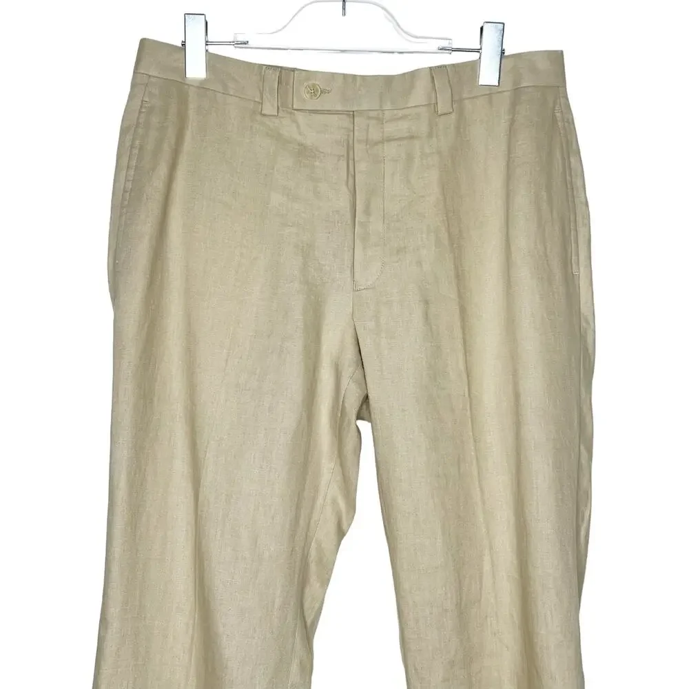 CALVIN KLEIN Mens Linen High-Rise Flat Front Straight Leg Pants Beige Size 35W